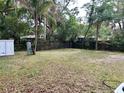 View of spacious backyard with chain link fence, trees, and storage shed, perfect for outdoor activities at 4213 Temple Heights Rd, Tampa, FL 33617