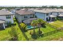Aerial view of a backyard with a screened pool, black fence, and lush landscaping, offering privacy and relaxation at 16231 Pine Mist Dr, Bradenton, FL 34211