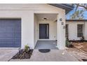 Inviting front entrance with a dark-colored front door, house number display, and garden bed at 623 Sandy Creek Dr, Brandon, FL 33511