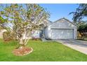 Well-manicured front yard and home featuring an attached two-car garage and beautiful, mature trees at 24237 Rolling View Ct, Lutz, FL 33559