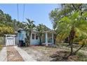 Light blue home featuring lush landscaping, mature trees, and charming curb appeal at 6503 N Wellington Ave, Tampa, FL 33604