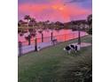 Waterfront view at sunset with a lush lawn, black chain-link fence, and a curious dog at 8252 Tecumseh Cir, Port Charlotte, FL 33981