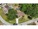 Aerial view of home featuring a lush backyard, swimming pool, and a well-manicured lawn surrounded by mature trees at 3565 E Lake Dr, Land O Lakes, FL 34639