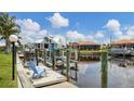 Private dock with a sunny blue chair and waterfront access for boating and enjoying the coastal lifestyle at 260 Coronado Dr, Punta Gorda, FL 33950