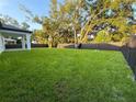 Expansive backyard featuring lush green grass, mature trees and a dark wood fence adding privacy and charm to the property at 1732 Rada Ln, North Port, FL 34288