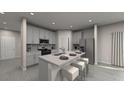 Modern kitchen featuring stainless appliances, white cabinetry, light countertops, and an island with barstool seating at 1740 Brekey Way, Zephyrhills, FL 33541