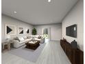 Bright living room with a plush sofa, stylish decor, wood floors, and sliding doors to the outdoor space at 1740 Brekey Way, Zephyrhills, FL 33541