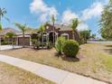 Single-story home showcasing a well-kept front yard with decorative plants, a three-car garage, and a neat landscape at 2707 Wood Pointe Dr, Holiday, FL 34691