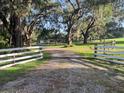 Driveway leads to a scenic property with mature trees and white fencing at 17380 Sweetwater Rd, Dade City, FL 33523
