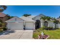 Well-maintained single-story home featuring a two-car garage, manicured lawn, and lush landscaping at 1913 Blue River Rd, Holiday, FL 34691
