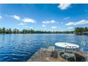 Dockside view with seating overlooking a serene lake and a clear blue sky at 18620 Wayne Rd, Odessa, FL 33556