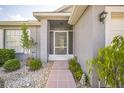 Inviting front entry with a white security door, lush landscaping, and a tiled walkway to the front door at 2015 Gardenia Landings Ln, Sun City Center, FL 33573