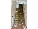 Staircase with green carpet, white walls, and some disrepair at 115 1St E St # 103, Tierra Verde, FL 33715