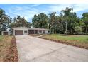 Welcoming home featuring mature trees, a large lawn, a long driveway, and a detached shed for extra storage at 14050 Blackjack Rd, Dover, FL 33527