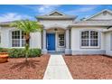 Close-up of a home's entry with a blue front door, a palm tree, and clean landscaping at 11018 Pine Lilly Pl, Lakewood Ranch, FL 34202