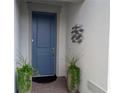 Stylish blue front door with modern hardware, flanked by lush potted plants creating an inviting entrance at 2729 Gabel Oak Dr, North Port, FL 34289