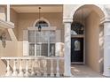 Elegant front entrance with decorative columns and a stylish black door at 23109 Emerson Way, Land O Lakes, FL 34639