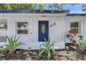 Up-close view of the front entrance with a decorative blue door, house number, and manicured landscaping at 4928 Stolls Ave, Tampa, FL 33615