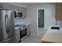 Modern kitchen featuring stainless steel appliances, sleek gray cabinetry, and ample counter space at 9093 108Th St, Seminole, FL 33772