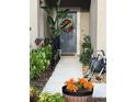 Charming front entrance adorned with a decorative floral wreath and lush landscaping at 10302 Lavender Aster Trl, San Antonio, FL 33576
