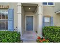 Close up of the entry way with blue door, white columns, and trimmed hedges at 5857 Fishhawk Ridge Dr, Lithia, FL 33547
