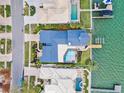 A tranquil aerial view of a waterfront property with pool, private dock, and boat lift along a serene canal at 849 Harbor Is, Clearwater Beach, FL 33767
