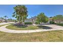 Landscaped front yard with palm trees and sidewalk leading to the home at 7102 Silvermill Dr, Tampa, FL 33635