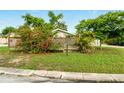Street-view of a fenced front yard adorned with colorful flowering bushes and mature palm trees at 5728 Colonial Dr, New Port Richey, FL 34653