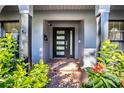 Modern front door with glass panels, brick walkway, and lush landscaping at 4911 W Juno St, Tampa, FL 33629