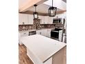 Modern kitchen with stainless steel appliances, white cabinets, island, and stylish backsplash at 3620 E Tampa Cir, Tampa, FL 33629