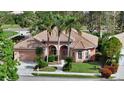 An aerial perspective of a charming home with a tile roof, surrounded by lush greenery at 8809 Havenridge Dr, Sarasota, FL 34238