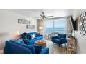Living room with blue sofas and stunning ocean view at 20000 Gulf Blvd # 707, Indian Shores, FL 33785