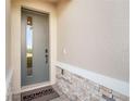 Stylish front door with a glass window and stone accents at the entry at 9109 Players Dr, Weeki Wachee, FL 34613