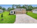 Attractive single-Gathering home with a three-car garage, stone accents, and a lush green lawn at 9157 Players Dr, Weeki Wachee, FL 34613