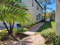 Beautifully landscaped front yard with lush greenery, a brick walkway, and a view of the home's exterior at 10096 Corso Milano Dr, Tampa, FL 33625