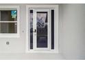 Modern front door with glass panels providing natural light, alongside a window at 4160 Belladonna Ave, North Port, FL 34286
