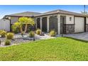 Beautiful front yard featuring green grass, decorative rock garden, palm trees, and modern exterior of home at 5036 Bonito Dr, New Port Richey, FL 34652