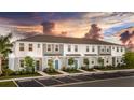 New construction townhomes with modern facades, bright blue doors, and meticulous landscaping at 8540 Daybreak St, Sarasota, FL 34241