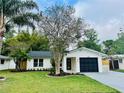 Charming single-story home featuring a well-manicured lawn, fresh exterior paint and lush landscaping at 801 Leeward Way, Palm Harbor, FL 34685