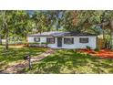 Charming home featuring a manicured lawn, fresh mulch, and inviting brick pathway at 4202 W Bay Vista Ave, Tampa, FL 33611