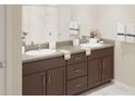 Double vanity bathroom with dark brown cabinets and a shower at 6538 Back Forty Loop, Zephyrhills, FL 33541