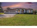 House exterior boasts a three car garage and lush landscaping at 331 Lewis Rd, Lithia, FL 33547