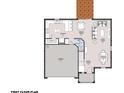 First floor plan showcasing a spacious layout with kitchen, dining, living areas, and garage at 2437 Orange Harvest Pl, Seffner, FL 33584