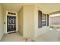 Front porch with dark brown door and dark brown shutters at 1013 Emerald Dunes Dr, Sun City Center, FL 33573