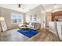 Living room with gray sectional sofa, blue rug, and large window at 9107 Moonlit Meadows Loop, Riverview, FL 33578