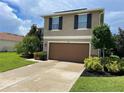 Two-story house with brown garage door and landscaping at 228 Star Shell Dr, Apollo Beach, FL 33572