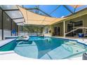 Relaxing screened-in pool area with a sunshade, offering a perfect retreat for leisure and recreation at 18940 Emerald Ridge Dr, Hudson, FL 34667