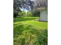 Large grassy backyard with mature trees and a shed at 5023 6Th St, Zephyrhills, FL 33542