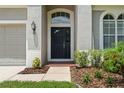 Front entrance with black door and landscaping at 31421 Anniston Dr, Wesley Chapel, FL 33543