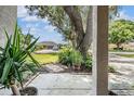 Inviting front porch view showcases the home's curb appeal and lush landscaping at 6536 Northlake Dr, Zephyrhills, FL 33542